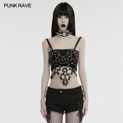 Punk Rave Women Black Gothic Punk Hot Girl Pu Hollow Heart Shape Crop Top