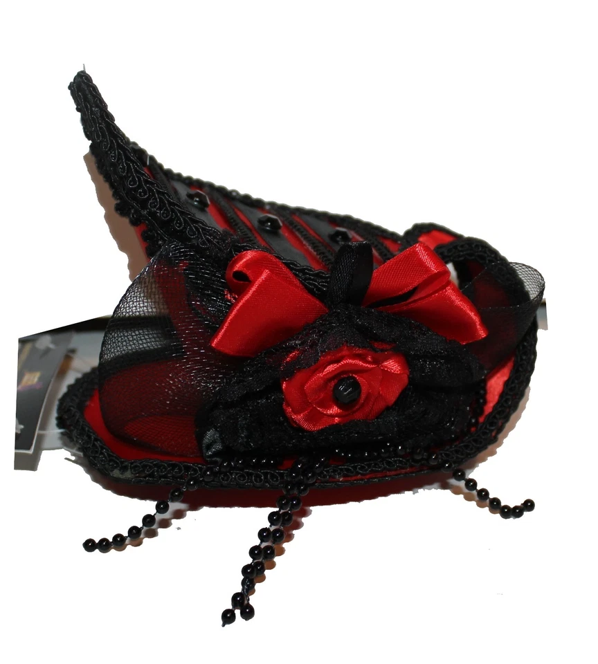 Mini sombrero taza de té rojo y negro de 6" de ancho, 5" de alto, accesorio de disfraz súper lindo Foto 3 de 4