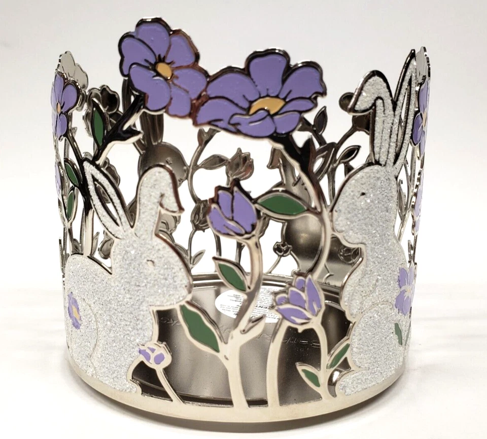 NEW! Bath & Body Works WHITE BUNNIES PURPLE FLOWERS 3-wick Candle Holder Sleeve - Image 2 of 4