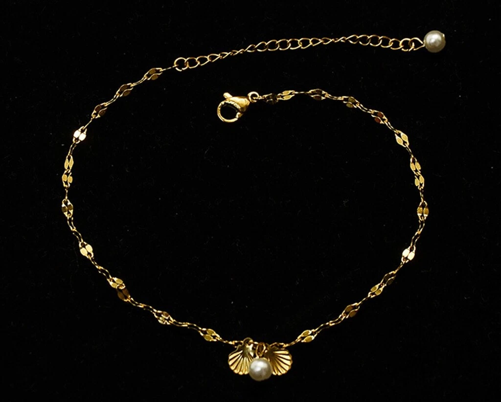 Women Titanium Stainless Steel Anklet Gold Seashell Pearl Foot