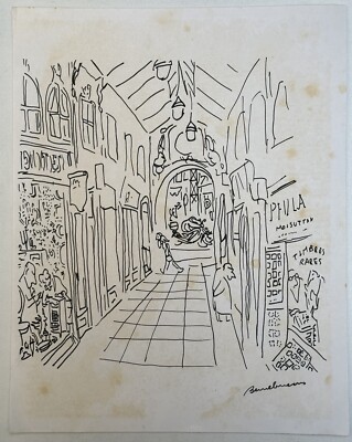 Ludwig Bemelmans (Handmade) Drawing On old Paper Signed & Stamped, Vtg Art