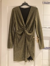 Olive Gold Glitter Dress With Front Knot And Wrapover Skirt