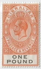 Gibraltar KGV 1£ orange MLH, Scott 92/ SG 107, partial set off on back  (a3411
