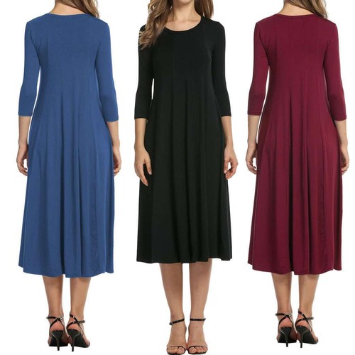 Women Crew Neck Solid Midi Dress Knee Long A Line Skirt 3/4 Sleeve Party Work US - Picture 3 of 18