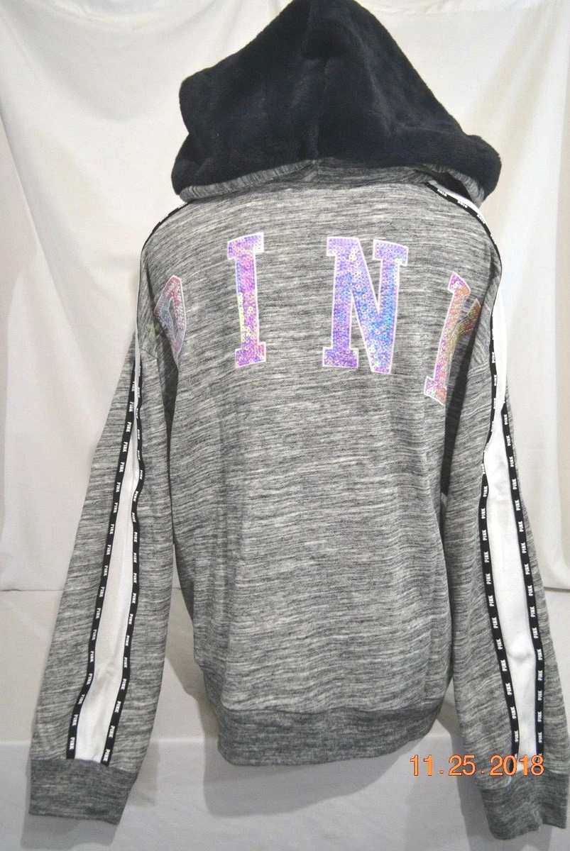 Victorias Secret Pink SEQUIN Bling FAUX FUR LINED HOOD SLOUCHY HOODIE NWT  XL