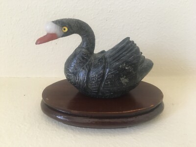 Unique Vintage Carved Stone Black Swan, Natural Stone Asian Sculpture, Wood Base
