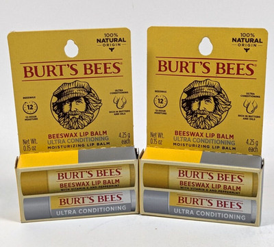Burt's Bees Beewax & Ultra Conditioning Moisturizing Lip Balm 2 Pks of 2 Each