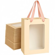 15-Pack Kraft Paper Gift Bags with Clear Window  Reinforced Handles - Reusab...