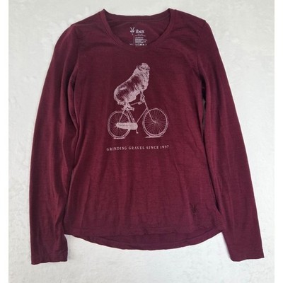 Ibex Women XS Maroon Merino Wool Long Sleeve Graphic Tee Grinding Gravel 1997