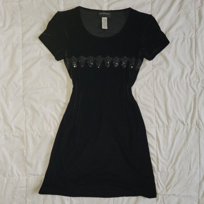 Vintage John Roberts Velvet Beaded Whimsy Goth Black Romantic Knee Length Dress