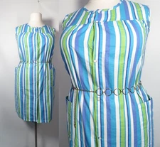 Vintage 70s/80s Plus Size Bright Bold Striped Snap Front House Dress Size XL/2X