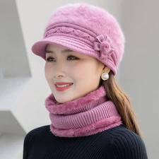 Women 2PC Winter Cable Knit Beanie Hat Scarf Set Fleece Lined Warm Thick
