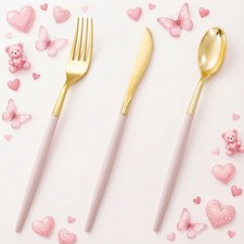 60 Pack Pink Plastic Silverware,Gold Disposable Flatware with Pink Handle, Go...