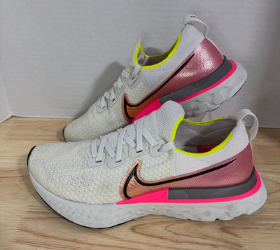 Nike React Infinity Run Flyknit Running Shoes White Pink Neon Yellow Sz 9 Womens