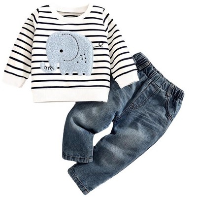 Baby Boy Autumn Outfits Spring Long Sleeve Striped Embroidered Set