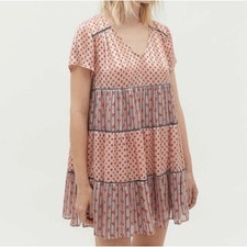 Urban Outfitters Pink Floral Tiered Babydoll Mini Dress V-Neck S