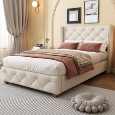 Upholstered Bed Frame Single Bed with Button Tufted Headboard & Wing Side Beige