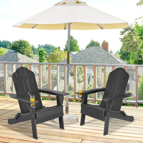 2PCS Patio Folding Adirondack Chair Weather Resistant Cup Holder Yard Black - Picture 3 of 8
