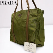 PRADA tote bag nylon leather khaki triangular logo From Japan Prada