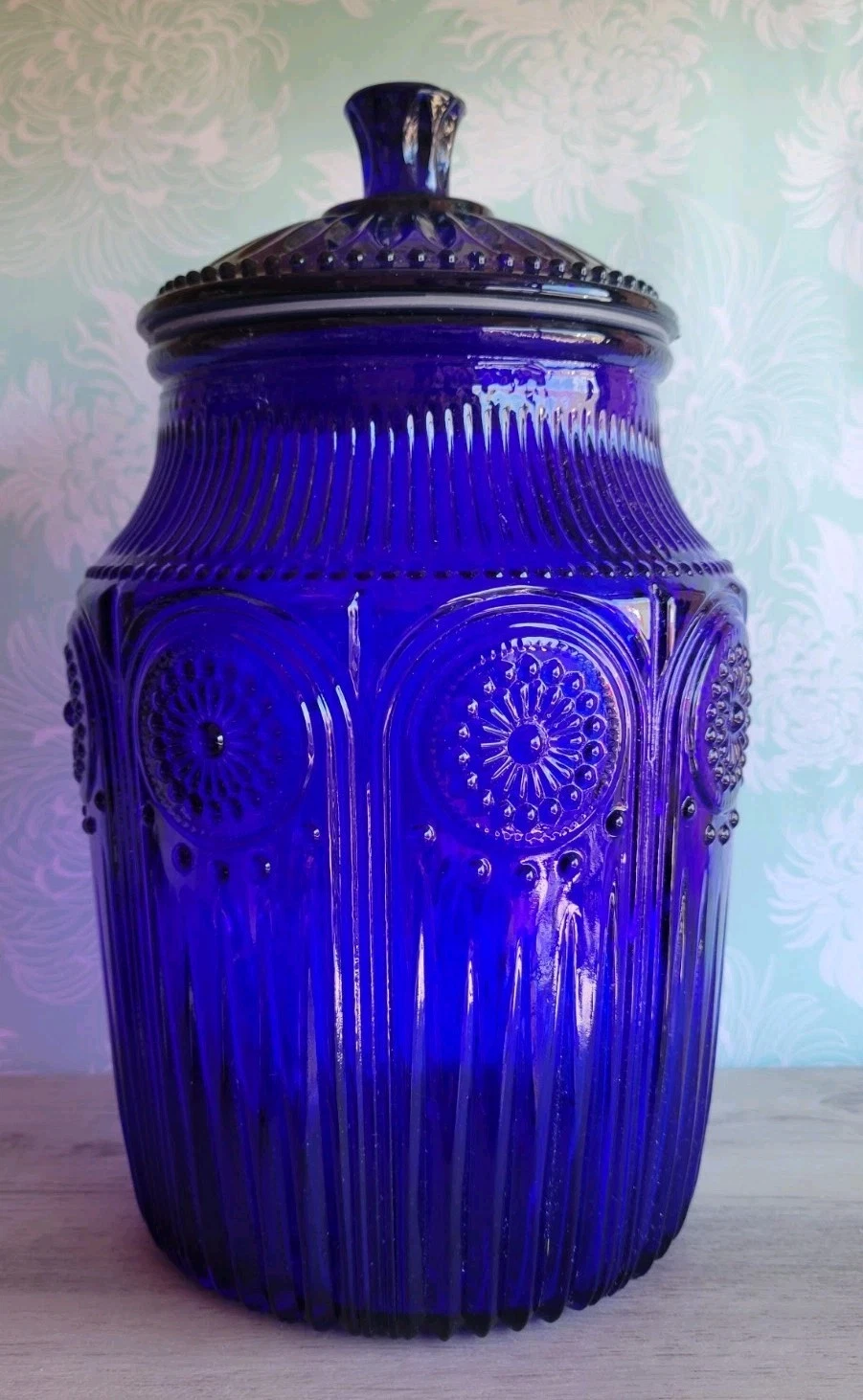 Pioneer Woman Adeline Cobalt Blue Glass Canister w/ Lid Cookie Jar Embossed New