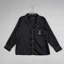 Ralph Lauren Shirt Womens Medium Black Gold Satin Sleep LRL Embroidered Monogram