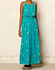 Anthropologie Dress Womens 0 Turquoise Embroidered Smocked Waist Boho Beach Maxi