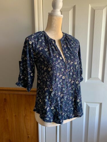 NEW! Lucky Brand Womens XS Paisley Print Henley Tee shirt Top BLUE - Picture 2 of 12