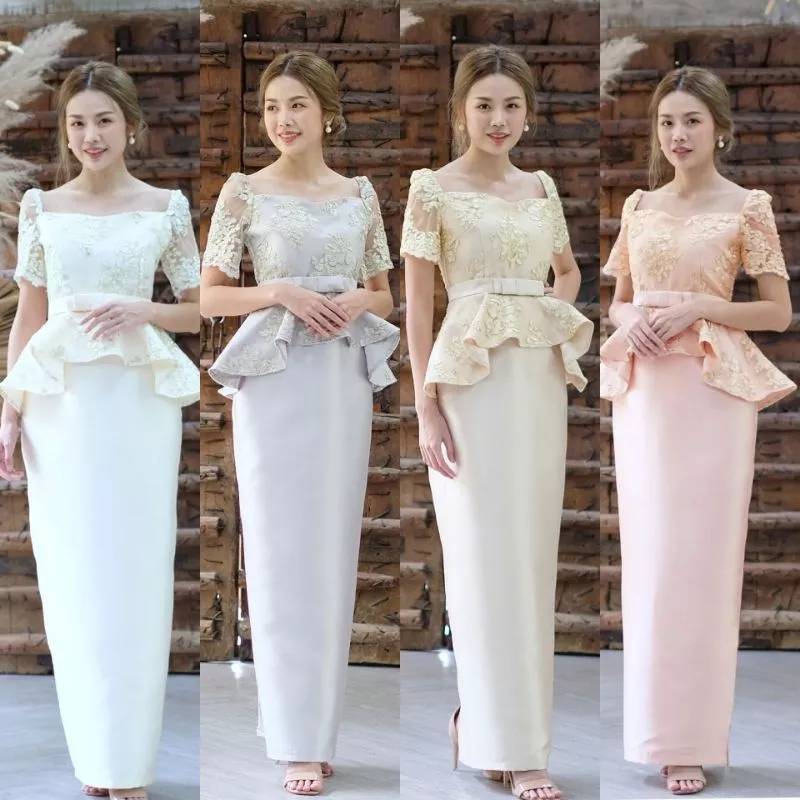 Gown Dress Thai Silk Wedding Strapless Skirt Evening Set Costume Lace Long Waist Gown Dress Thai Silk Wedding Strapless Skirt Evening Set Costume Lace Long Waist