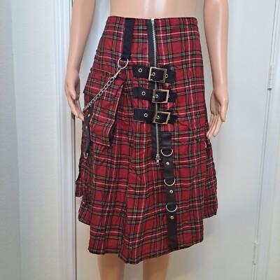 Dead Threads Tartan Plaid Red Rockabilly Goth Midi Skirt Chains Belts Sz 32