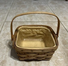 Longaberger Basket 1997 Swing Handle Beige Fabric & Insert 7" Square 3.75"