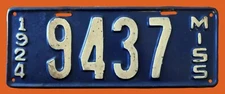 VERY RARE!  1924 MISSISSIPPI AUTO LICENSE PLATE  " 9437 " MS  HAS BEEN REPAINTED