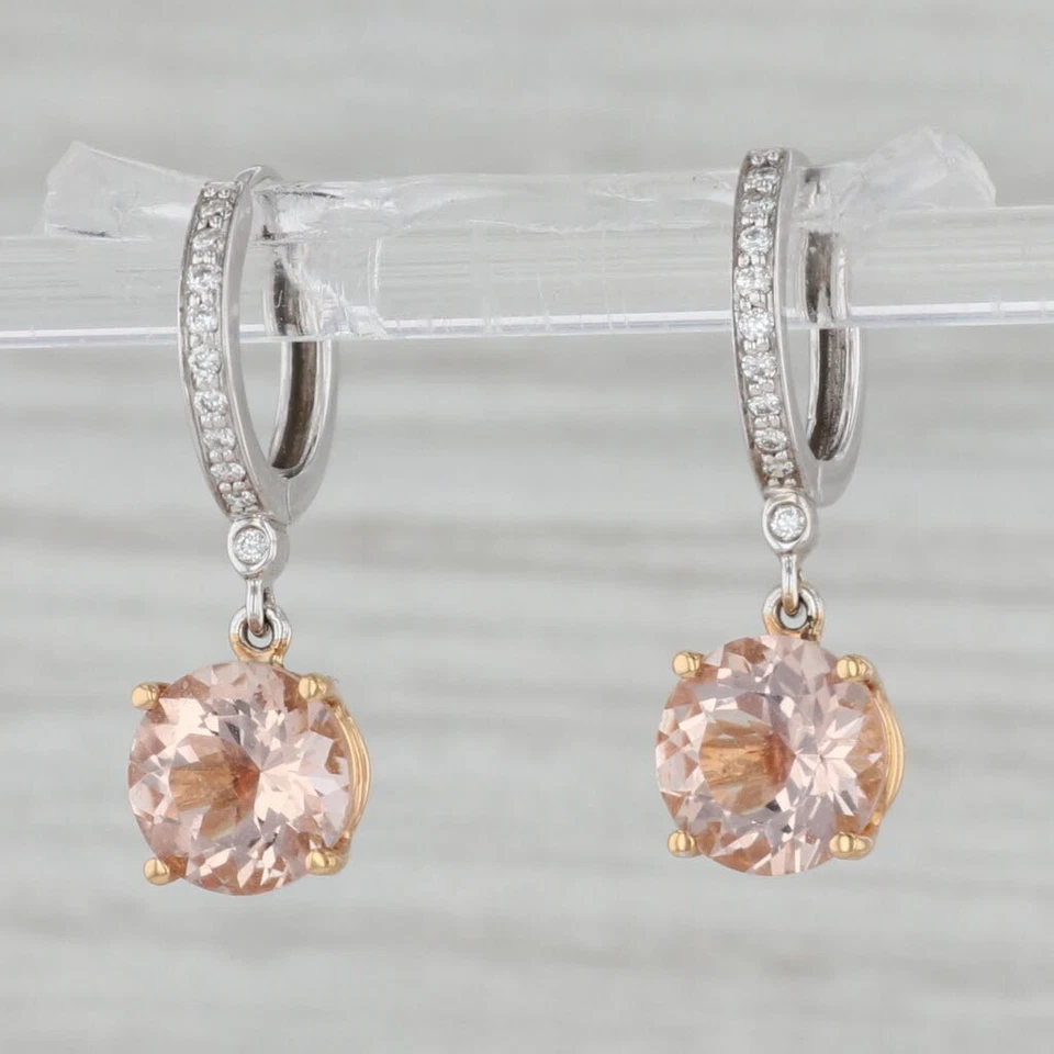 New 3.60ctw Morganite Drop Diamond Hoop Earrings 18k White Yellow Gold Snap Top - Image 2 of 4