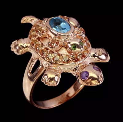 Natürlicher ovaler Schweizer Blautopas Amethyst Saphir Sterlingsilber Schildkröte Ring 7