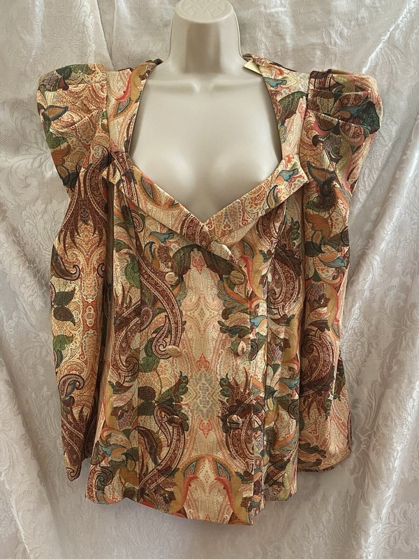 A. PEACH Double-Breasted BLAZER~Large~PUFF Sleeves Queen Ann Neck PAISLEY New