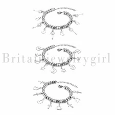 Stainless Steel Heart Cross Charm Beaded Bracelet Adjustable for Women Girls