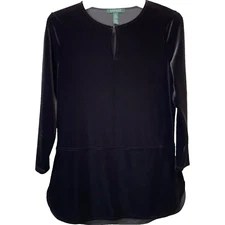 Lauren Ralph Lauren Velour Tunic Top Women’s S Keyhole Neck 3/4 Sleeve Stretch