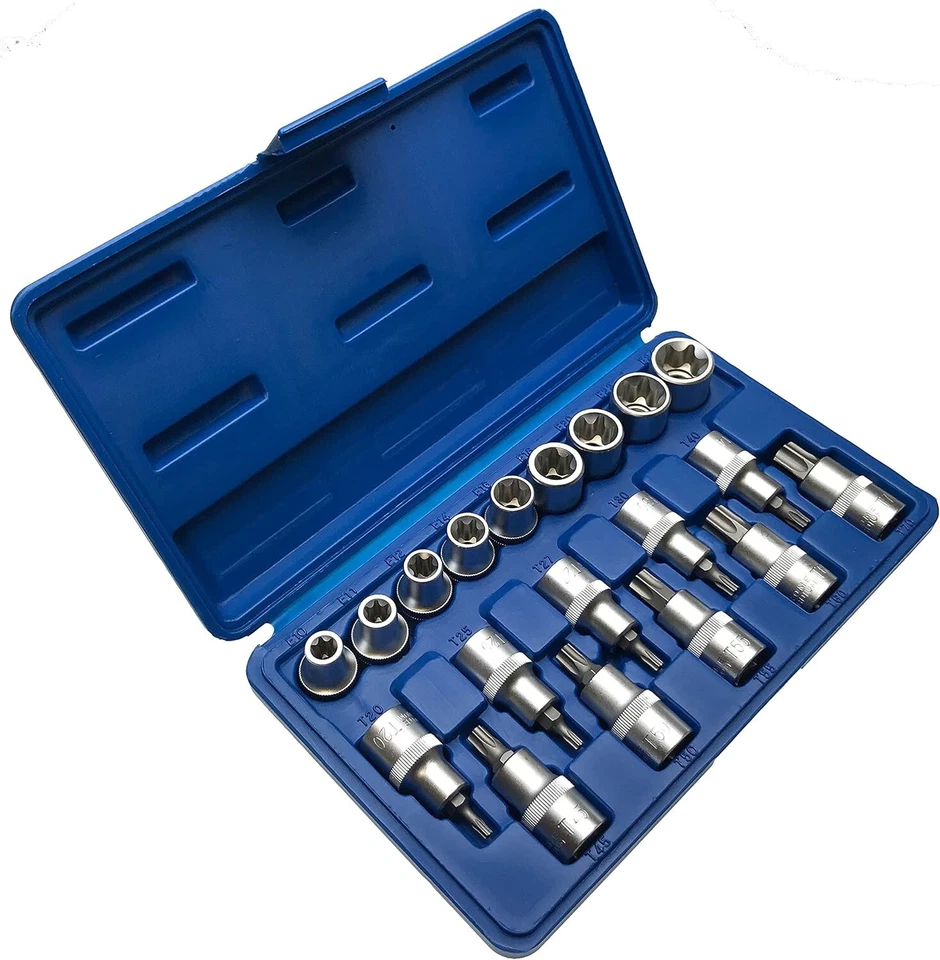 19 BUSSOLE TORX ATTACCO 1/2" MASCHIO da T20 a T70 FEMMINA E10 a E24 ACCIAIO CR-V - Immagine 2 di 4