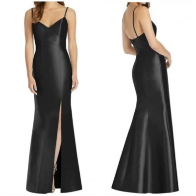 NWT Alfred Sung D758 Bridesmaid Dress Black Satin Maxi Trumpet Slit Sz 18 