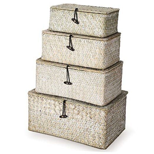 Set of 4 Seagrass Basket with Lids Woven Rattan Wicker Storage Basket White