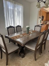 9 Pc Grand Formal Carved Dining Set(42x70)+ 2 Leaves,8 Upholstered Chairs,Patina