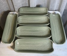 Vintage Pfaltzgraff Corn on the Cob Holders Footed Dish Set of 6 Sage Green