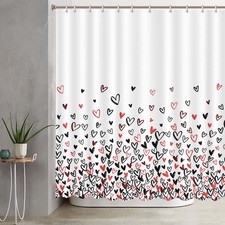 Black Red Heart Shower Curtain Bathroom Decor Polyester Fabric Set 72x72 Inch