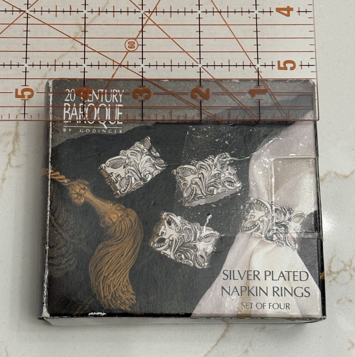 VTG 1993 Godinger 20th Century Baroque Napkin Rings Silverplate Set of 4 w/Box