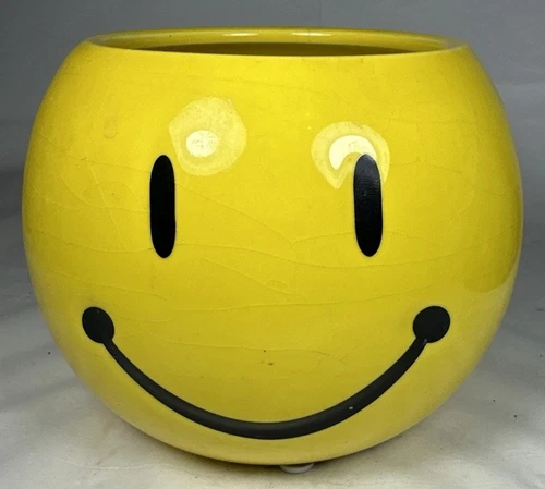 VTG Yellow Smiley Face Ceramic Planter By 1-800-Flowers Kitsch Vase