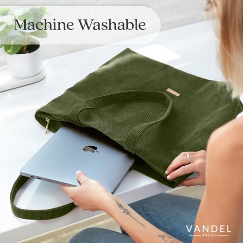 Corduroy Tote Bag for Women and Men with Zipper and Inner Pockets. Cute Schoo... - Picture 6 of 9