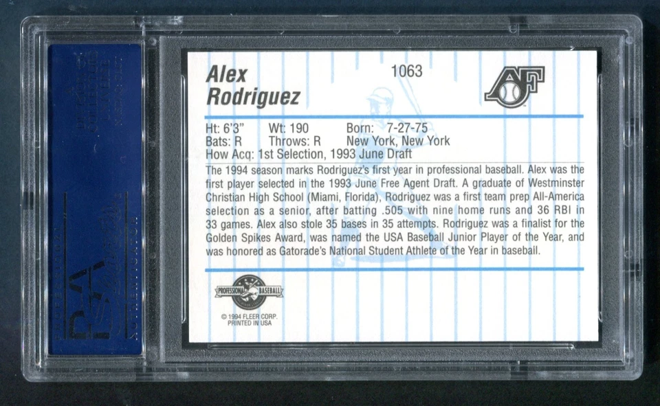 1994 Fleer Procards Alex Rodriguez RC #1063 PSA 10 GEM MINT 💎 - Image 2 of 2
