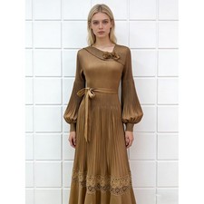 Women's Slim Fit Dress High Waisted Tied Lantern Sleeve Lace Flower Long Skirts