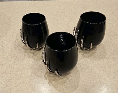 3 SPOOKY HALLOWEEN FALL SKULL SKELETON HAND STEMLESS WINE WATER BAR GLASS GOBLET