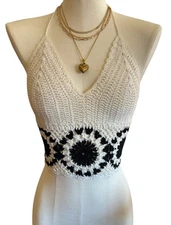 Il Joah Crochet Halter Top White Black Boho Festival Y2K Vintage Style