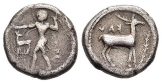 FITZ ITALY BRUTTIUM KAULONIA 1/3 NOMOS DRACHM APOLLO STAG GREEK SILVER ±±GJL58